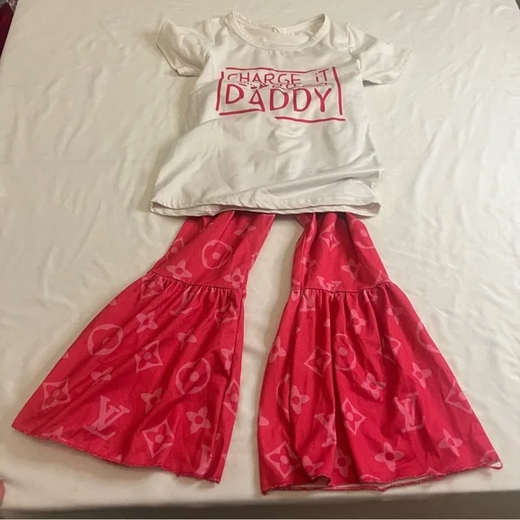 Toddler Girls Boutique Outfit Set 2T Bell Bottoms Pink Monogram + Graphic Tee - Picture 2 of 4